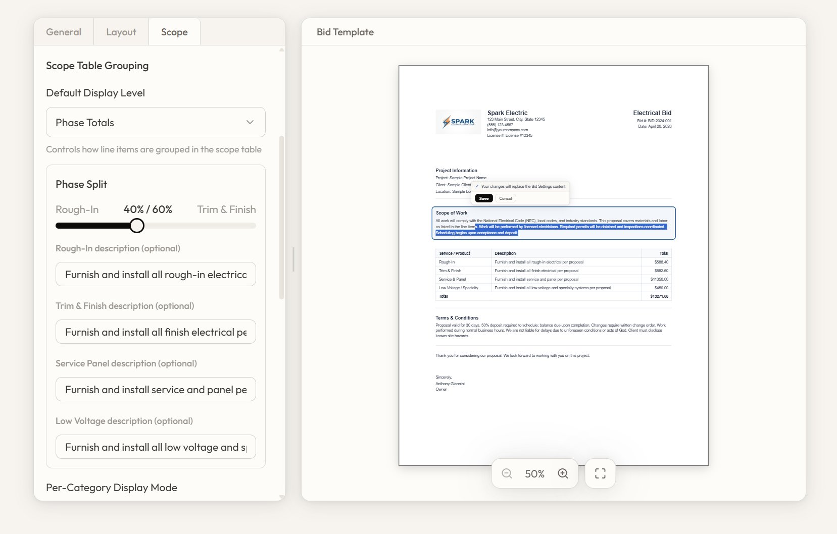 Spark Bid Templates — phased totals template editor